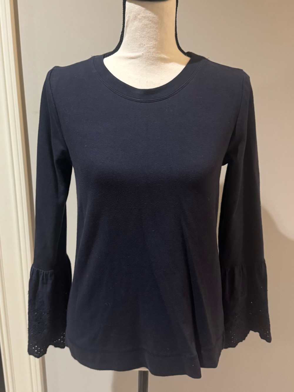 bobeau Navy Long-Sleeve Top with Bell Eyelet Cuffs